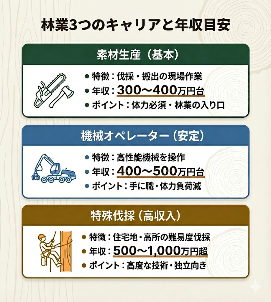 林業の3つのキャリア比較。素材生産、機械オペレーター、特殊伐採の特徴と年収目安（300万円台〜1000万円超）を一覧化。