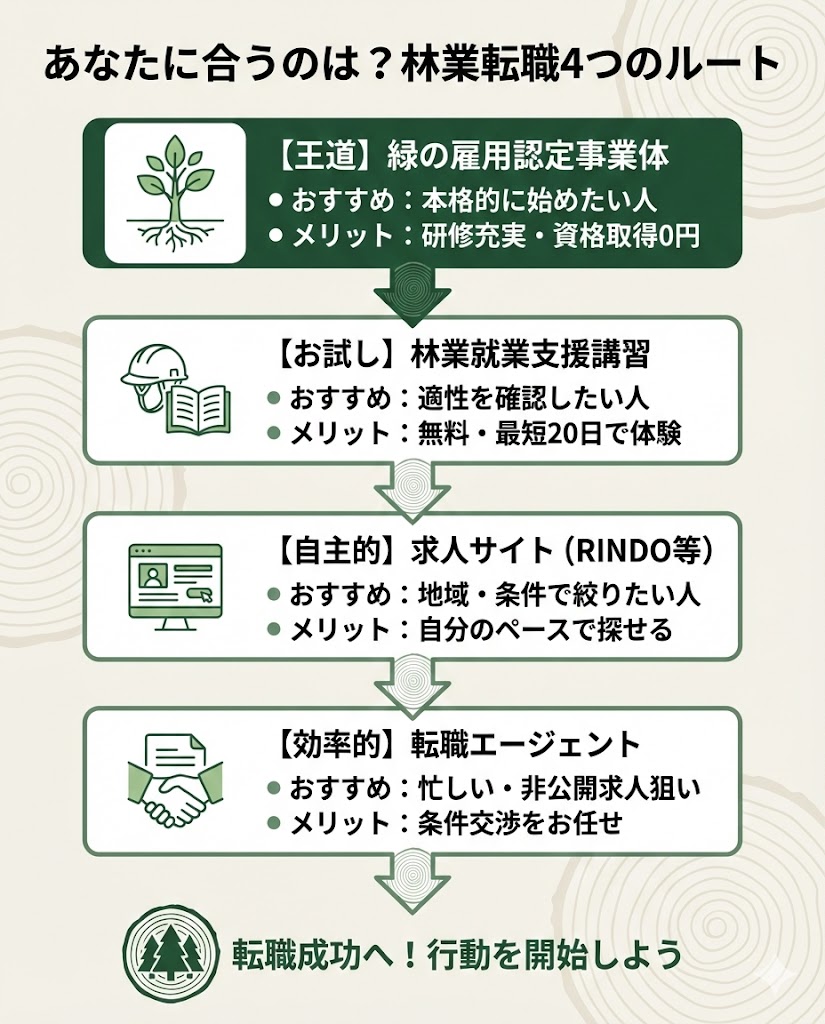未経験からの林業転職4つのルート。緑の雇用、就業支援講習、求人サイト、転職エージェントのそれぞれの特徴とおすすめな人を解説。