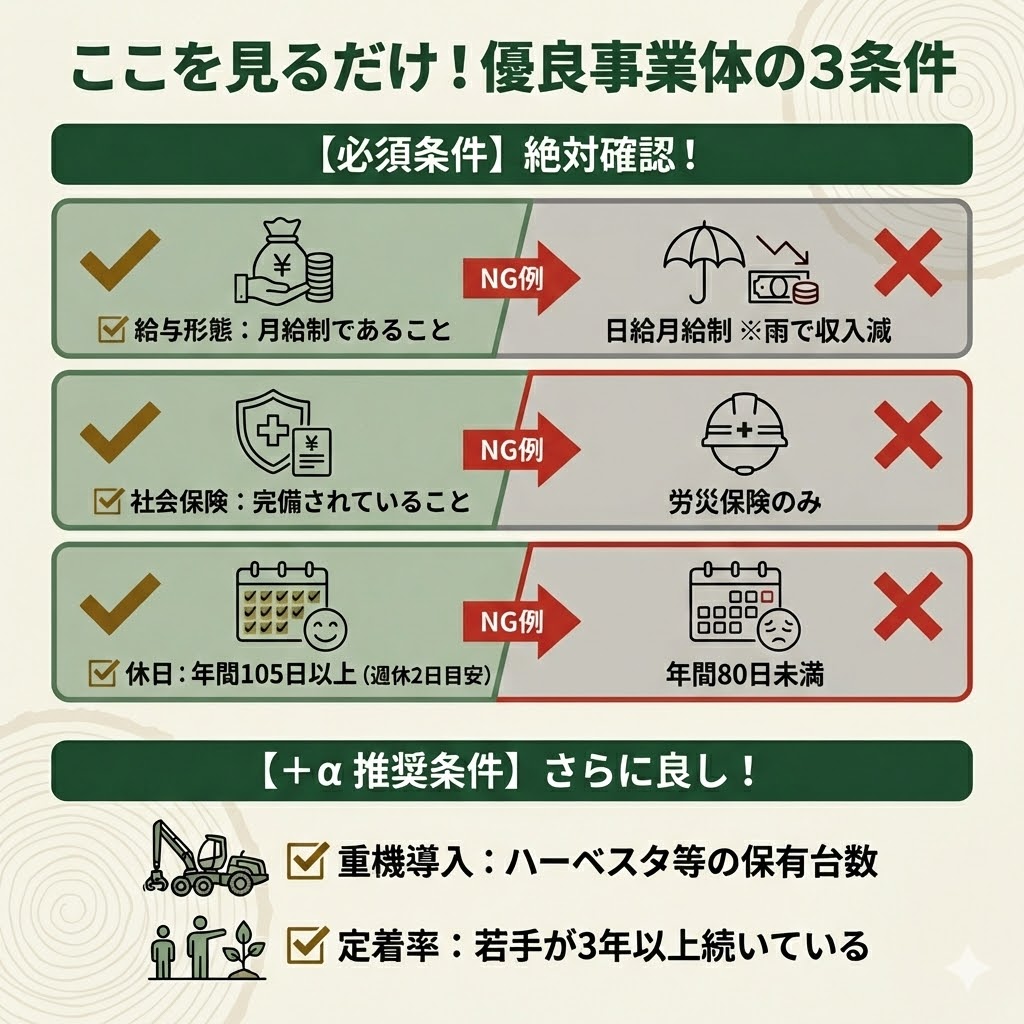 失敗しない林業事業体の選び方チェックリスト。月給制、社会保険完備、年間休日105日以上の3つを必須条件として挙げる。