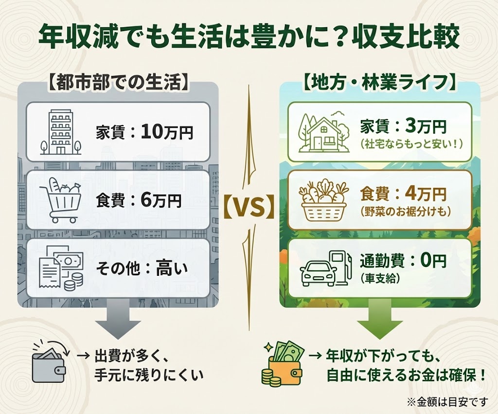 都市部と地方移住後の家計収支シミュレーション。家賃や生活費の大幅ダウンにより、年収が下がっても生活水準を維持できるイメージ。