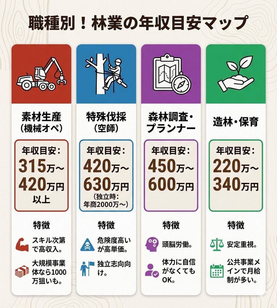 林業の職種別年収目安。素材生産（機械オペ）、特殊伐採、施業プランナー、造林・保育それぞれの年収レンジと特徴を比較。