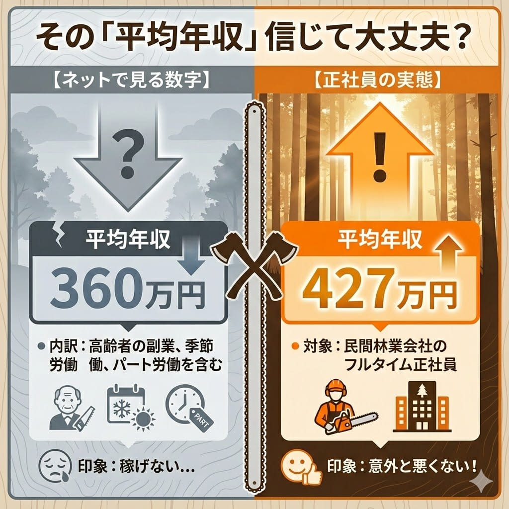林業平均年収のからくり図解。ネット上の平均360万円には副業・高齢者が含まれるが、正社員に限れば平均427万円が実態。
