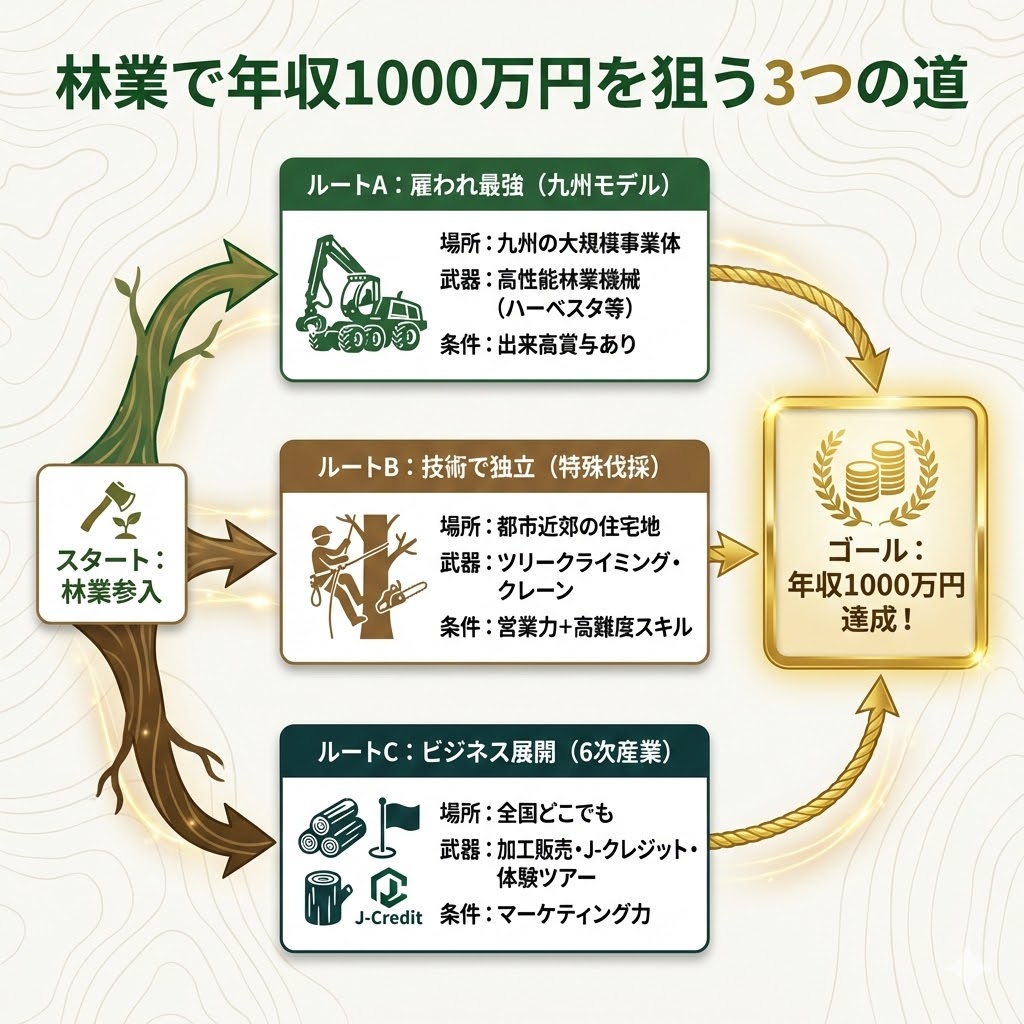 林業で年収1000万円を目指す3つのルート。九州での機械オペレーター、特殊伐採での独立、6次産業化によるビジネス展開を紹介。