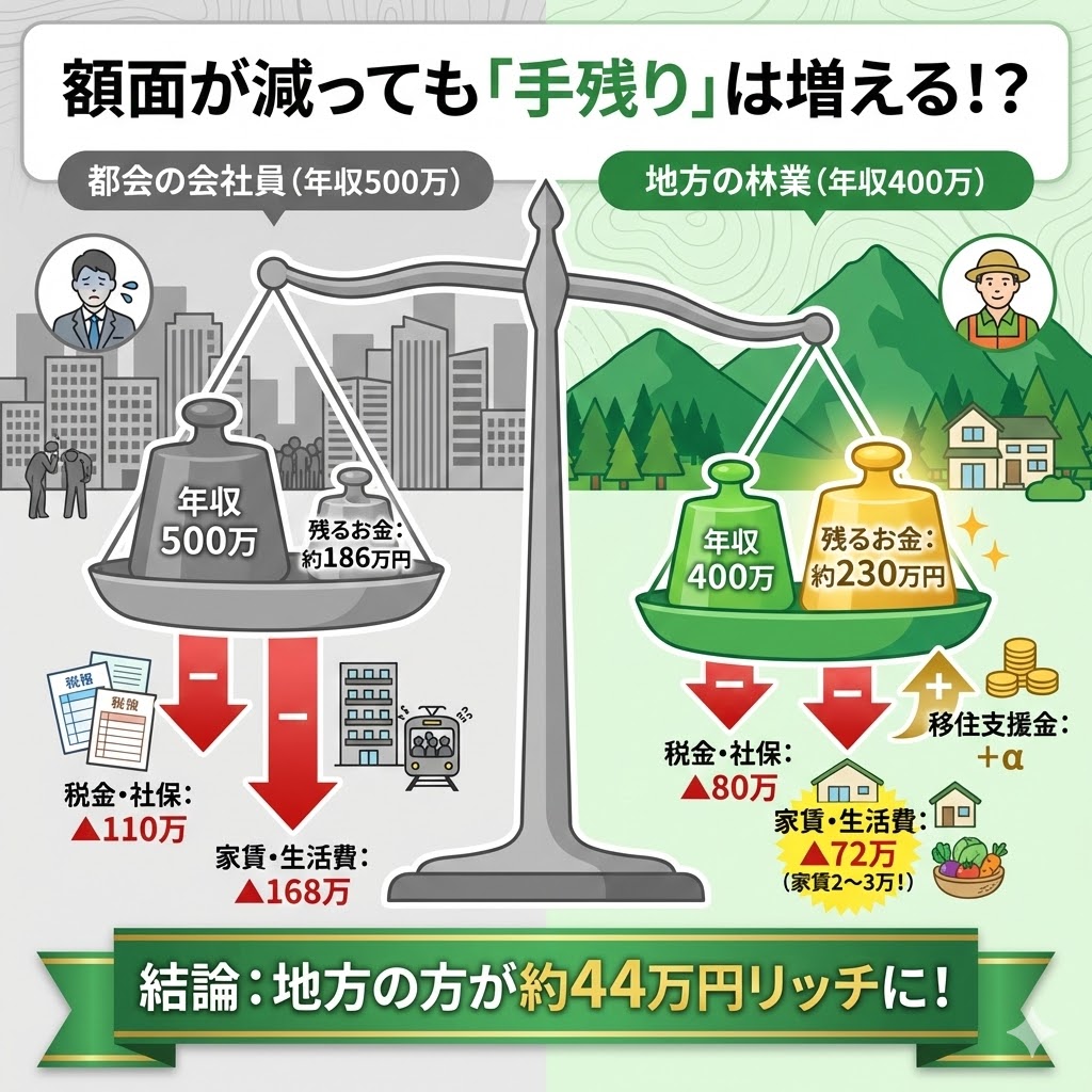 都市部年収500万円と地方林業年収400万円の可処分所得比較。家賃や生活費の安さにより、地方の方が手残りが多くなるシミュレーション。