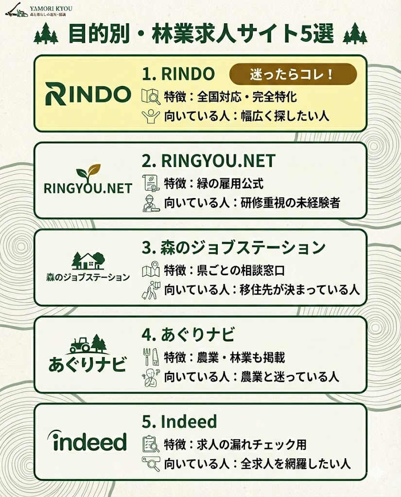 林業求人サイト5選の比較。RINDO、RINGYOU.NET、森のジョブステーション、あぐりナビ、Indeedの特徴と向いている人を一覧化。