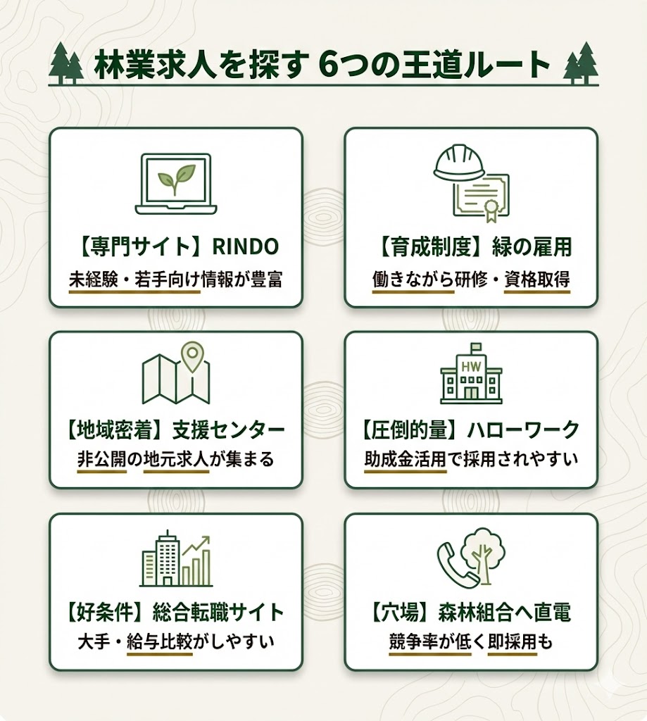林業求人を探す6つのルート一覧。RINDO、緑の雇用、支援センター、ハローワーク、総合転職サイト、森林組合への直接問い合わせの特徴まとめ。