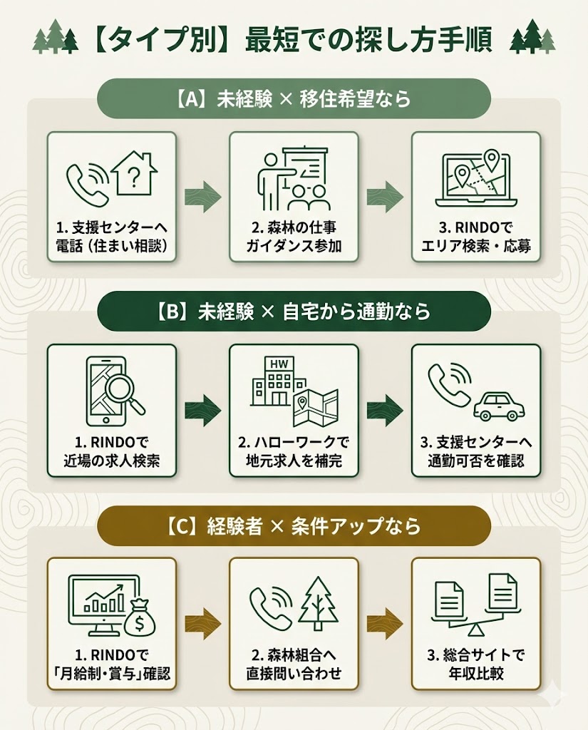状況別の林業求人の探し方フローチャート。未経験で移住する場合、通勤する場合、経験者が好条件を探す場合の3パターンで最適な手順を解説。
