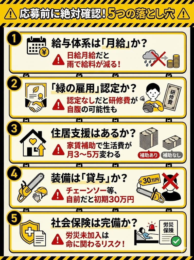 林業の求人票で確認すべき5つのポイント。給与体系、緑の雇用認定、住居支援、装備貸与、社会保険加入状況のチェックリスト。