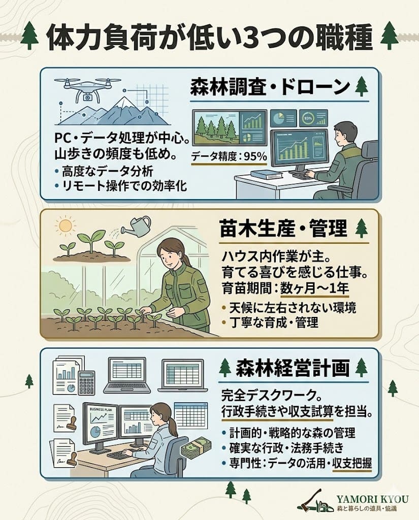女性におすすめの林業3職種の図解。森林調査・ドローン、苗木生産、森林経営計画の3つをアイコンと特徴で紹介。