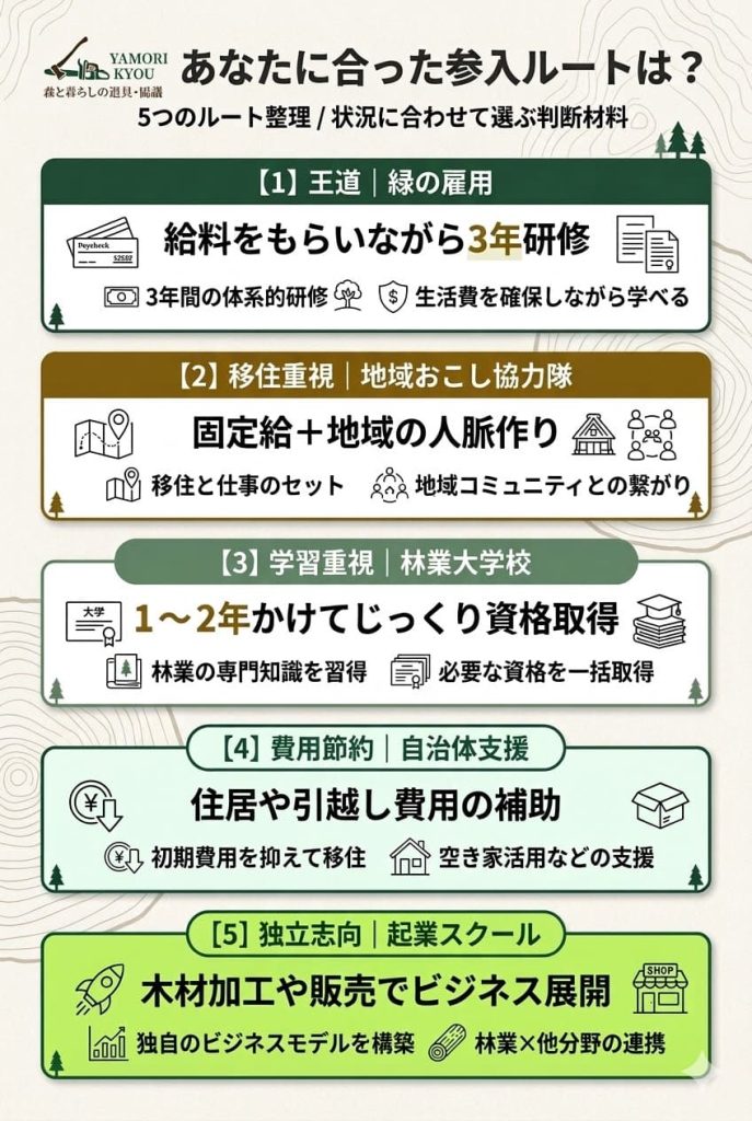 林業への5つの参入ルート比較図。緑の雇用、地域おこし協力隊、林業大学校、自治体支援、起業スクールの特徴を整理。