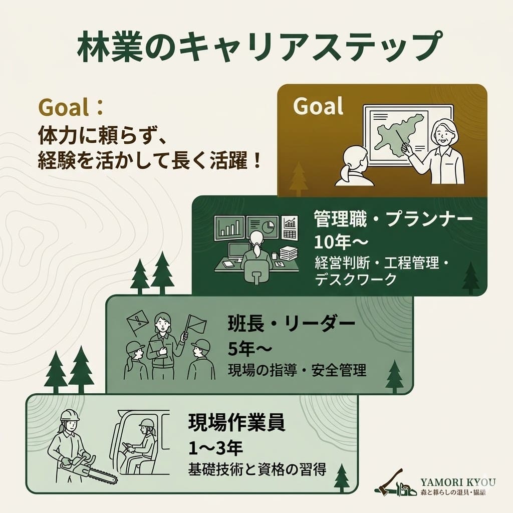 女性林業従事者のキャリアパス図。現場作業員からリーダー、管理職・プランナーへとステップアップする流れを解説。