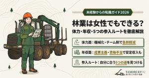 林業への転職を検討する女性向けアイキャッチ。体力や年収、5つの就業ルートを解説する内容を女性作業員のイラストと共に紹介。